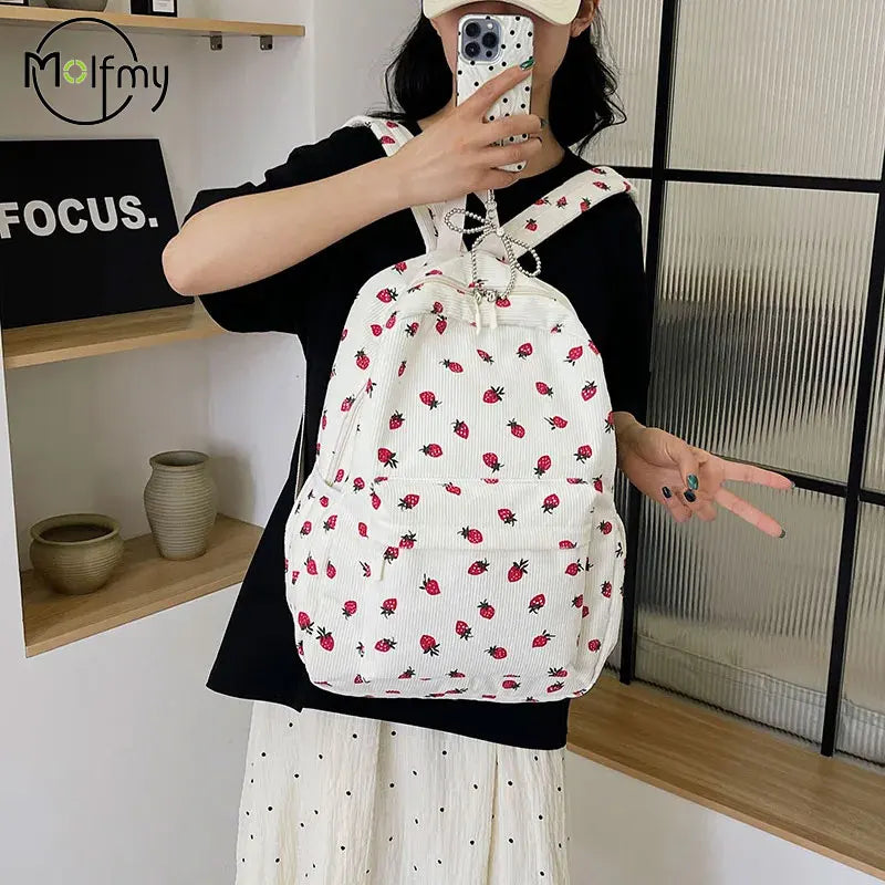 Corduroy Strawberry Backpack Students Schoolbag Multi-pockets Teenagers Adjustable Strap for Notebook Outdoor Mochilas Escolares Fatu Pondo Foundation