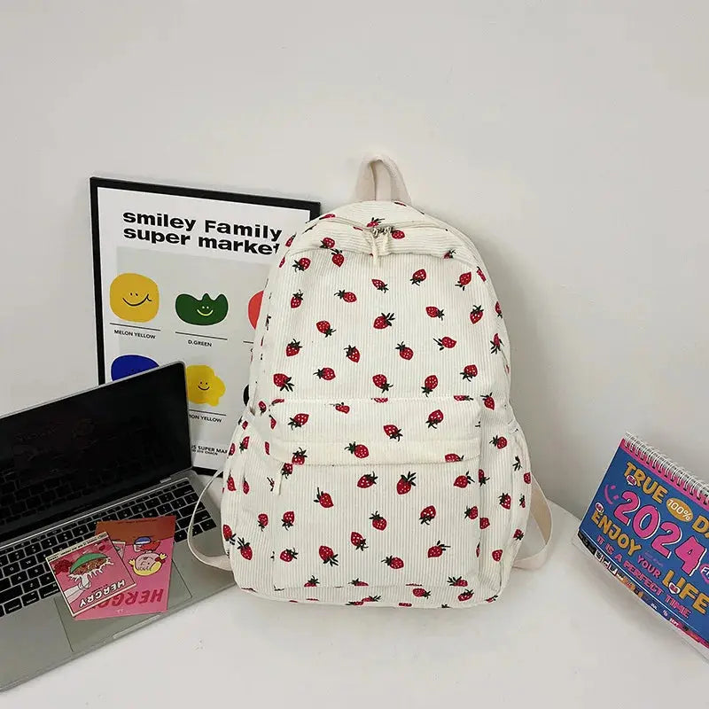 Corduroy Strawberry Backpack Students Schoolbag Multi-pockets Teenagers Adjustable Strap for Notebook Outdoor Mochilas Escolares Fatu Pondo Foundation