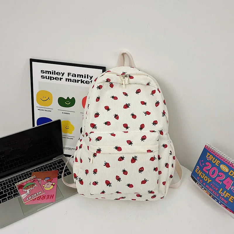 Corduroy Strawberry Backpack Students Schoolbag Multi-pockets Teenagers Adjustable Strap for Notebook Outdoor Mochilas Escolares Fatu Pondo Foundation