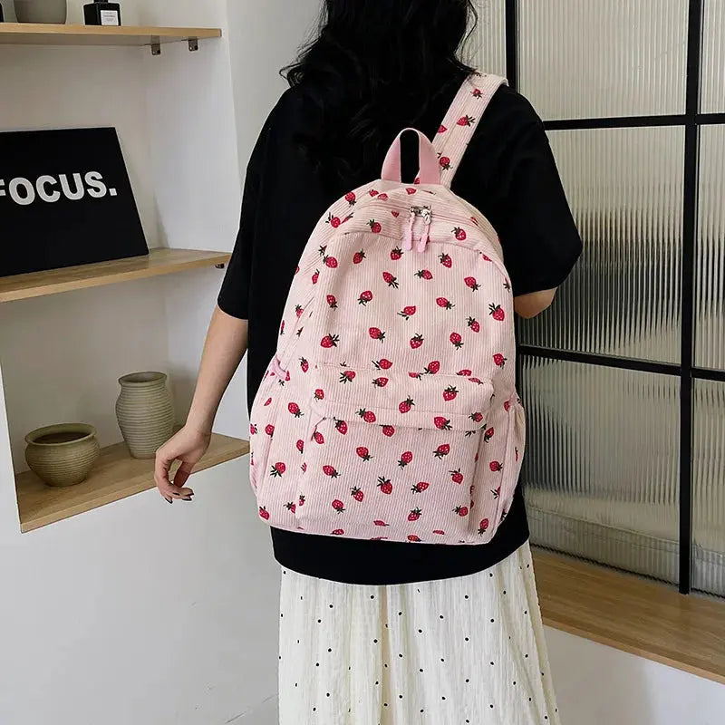 Corduroy Strawberry Backpack Students Schoolbag Multi-pockets Teenagers Adjustable Strap for Notebook Outdoor Mochilas Escolares Fatu Pondo Foundation