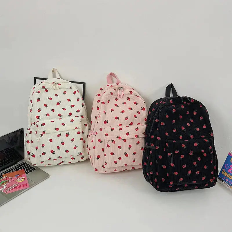 Corduroy Strawberry Backpack Students Schoolbag Multi-pockets Teenagers Adjustable Strap for Notebook Outdoor Mochilas Escolares Fatu Pondo Foundation
