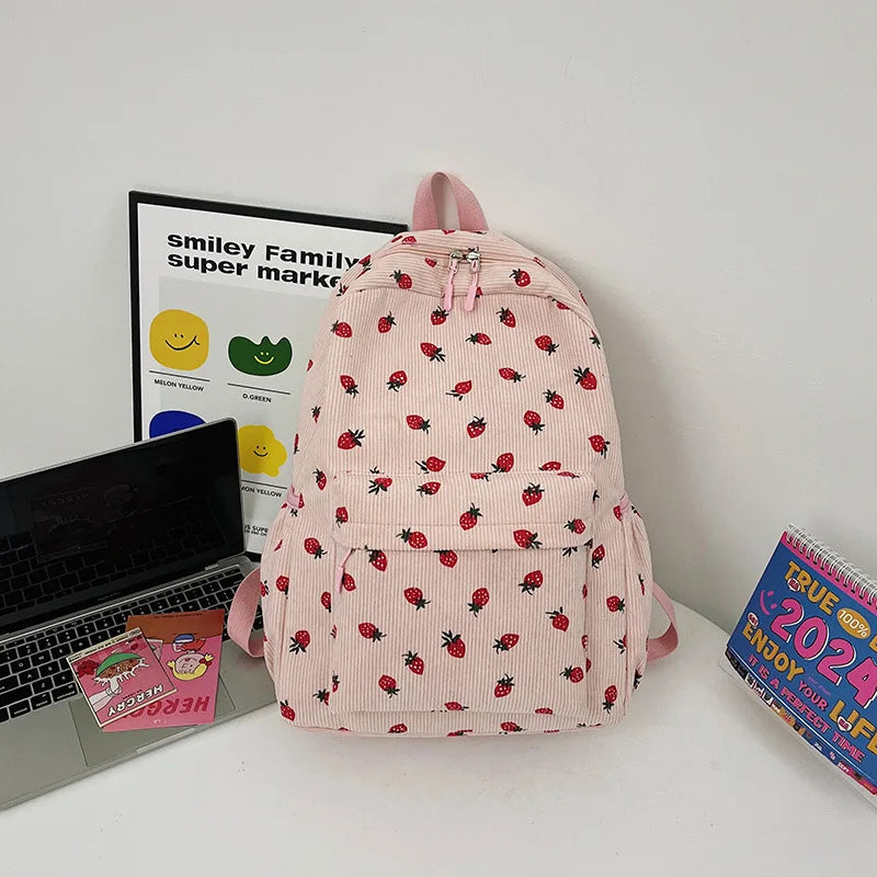 Corduroy Strawberry Backpack Students Schoolbag Multi-pockets Teenagers Adjustable Strap for Notebook Outdoor Mochilas Escolares Fatu Pondo Foundation