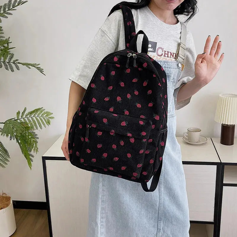 Corduroy Strawberry Backpack Students Schoolbag Multi-pockets Teenagers Adjustable Strap for Notebook Outdoor Mochilas Escolares Fatu Pondo Foundation